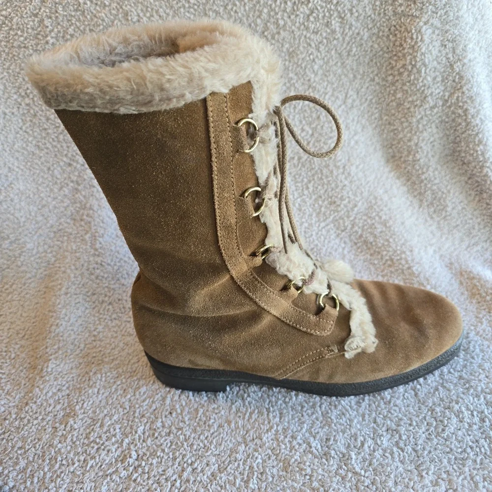 Vtg Yodelers Women's Brown Suede Winter Boots Faux Fur Trim Apres-ski Retro Boho